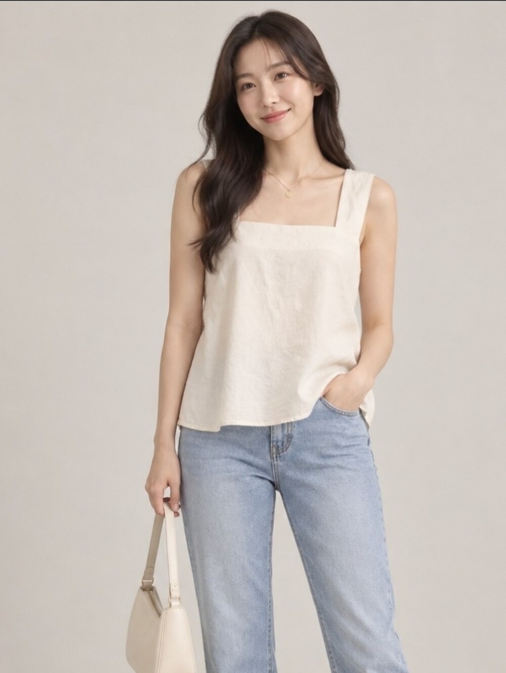 Banana Republic Ivory/Cream Sleeveless Square Neck Linen Blend Tank Top - Medium